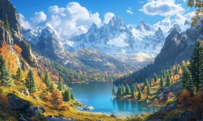 Fototapeta premium Majestic Mountain Lake with Autumn Foliage