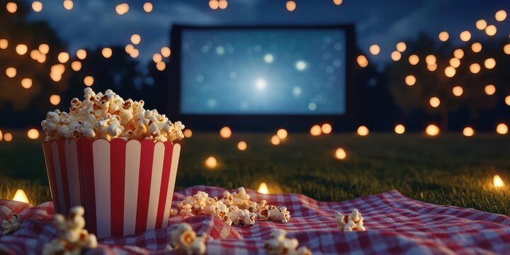 A cozy outdoor movie night featuring popcorn, a large screen, and twinkling lights, perfect for summer gatherings.