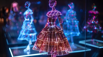 Holographic AI fashion designer, couture by algorithm: An AI-powered fashion designer creates couture clothing in real-time through holograms, blending algorithmic precision with artistic creativity 