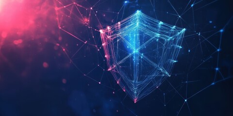 A futuristic digital shield representing cybersecurity and protection in a vibrant network environment, showcasing innovation.