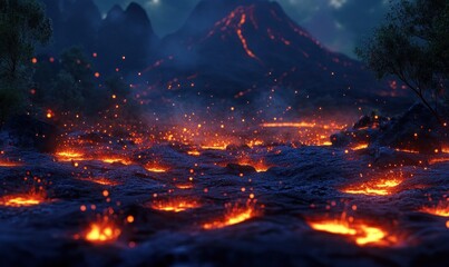 Fototapeta premium Erupting Volcano and Flowing Lava at Night.