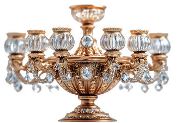 a gold chandelier with crystal lights