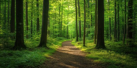 A serene woodland path surrounded by lush green trees, inviting wanderers to explore the beauty of nature.
