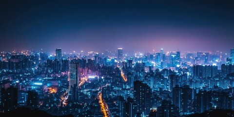 A stunning nighttime cityscape featuring illuminated skyscrapers and vibrant lights against a dark sky, showcasing urban living.