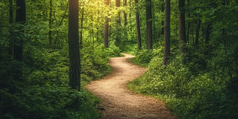 A tranquil forest path winding through lush greenery, illuminated by soft sunlight for a serene nature escape.