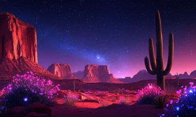 Starry Desert Landscape with Cacti and Purple Flowers