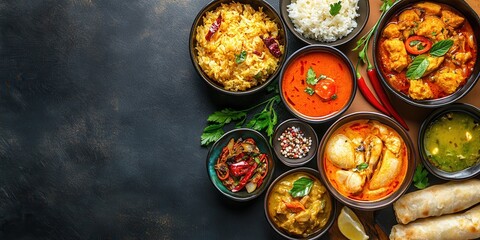 A vibrant spread of delicious Indian dishes, including rice, curries, and naan, beautifully arranged in bowls on a dark background.