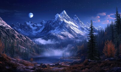 Mystic Mountain Range in Moonlight