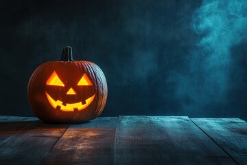 carved pumpkin with sinister grin glows warmly, casting eerie light in dark. This Halloween decoration adds spooky charm to any setting, perfect for festive celebrations.
