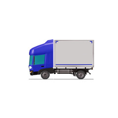 3D Isometric Cargo Truck Photoreal Vector Illustration Modern Blue Cabine and White Van City Delivery Vehicle 4x2 Design for Logistics and Transport Presentation Social Media Video Promo Left