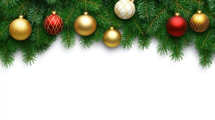 Elegant Christmas garland adorned with red and gold ornaments, beautifully arranged on a white background for festive celebrations