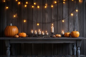 Obraz premium Pumpkins and candles on a wooden table. Thanksgiving holiday and autumn harvest festival concept. 