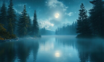 Fototapeta premium Tranquil Moonlit Forest Lake Landscape