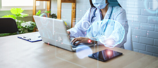 Doctor diagnosing patient brain disease illness, working office research studying using modern...