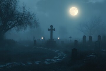 Ghost cemetery in the forest at night under the moonlight. Modern digital art illustration.
