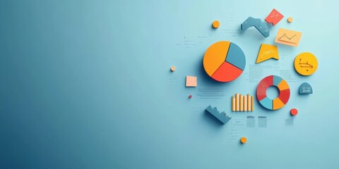 Obraz premium Colorful 3D graphs and charts arranged against a blue background, representing data analysis and business growth.