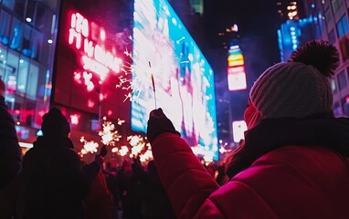 Fototapeta premium A vibrant New Year's celebration in Times Square, with people holding sparklers amidst bright digital billboards.