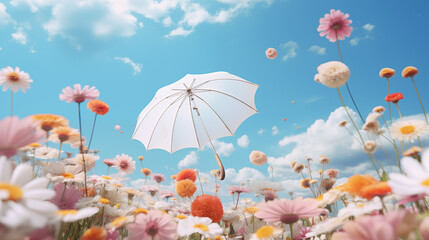 A white umbrella was blown up into the blue sky above a field of pastel flowers.