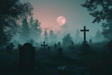 Ghost cemetery in the forest at night under the moonlight. Modern digital art illustration.
