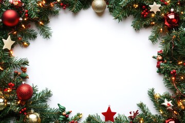 Christmas Tree Branches and Ornaments Bordering a White Background