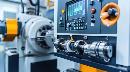 Fototapeta premium CNC machinery close-up, with precision cutting heads, control panels, and tool bits, ready for high-accuracy manufacturing tasks.