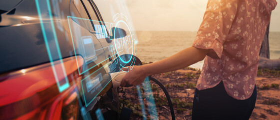 Electric Car EV charging station people charging in car port, ui futuristic technology information...