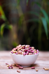 Uncooked Kidney bean or Red beans in wooden teak bowl with copy space.