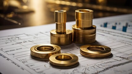 Piezas doradas y planos mecánicos industriales
