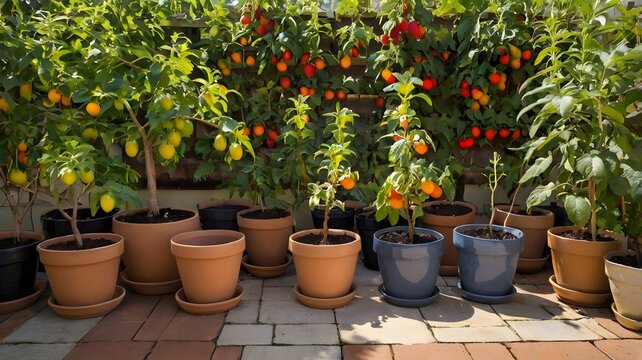 Plantas frutales en macetas creciendo en casa