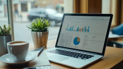 Laptop with Data Visualization in Coffee Shop