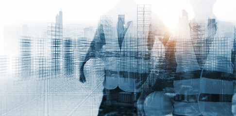Engineering worker industry double exposure city teamwork concept, hands uniting working as a team builder, contractor technician, architect co workers using blueprint plan, background blue banner.