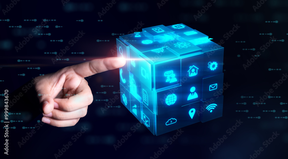 Aufkleber business tech cube futuristic technology concept, modern 3d render cube model, businessman finger po