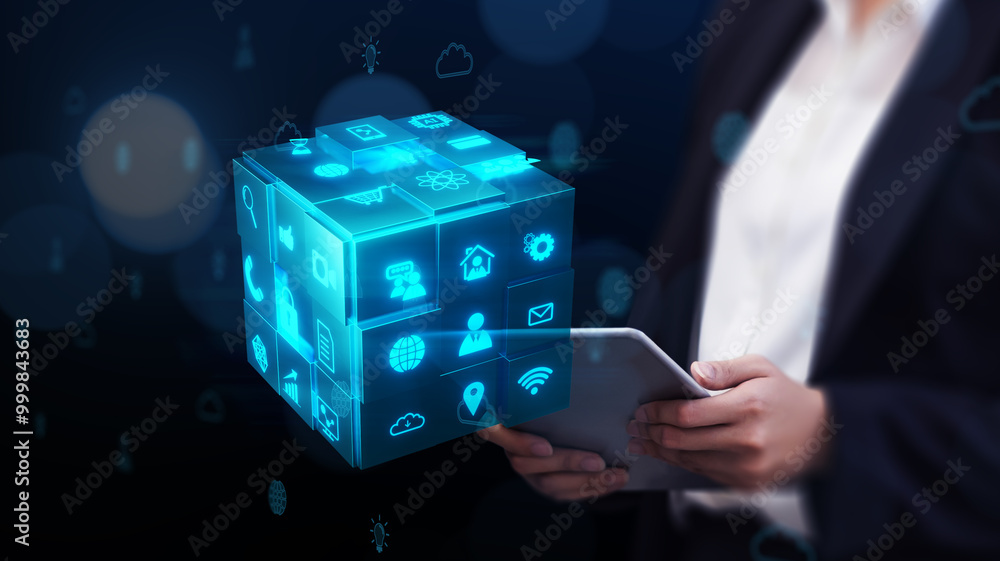 Aufkleber computer tablet device business tech cube futuristic technology concept, modern 3d render, business 