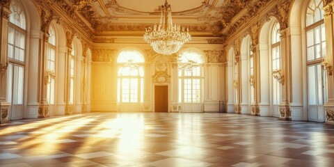 Obraz premium Spacious and elegant hall illuminated by sunlight, featuring grand architecture and a beautiful chandelier.