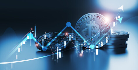 Bitcoin Cryptocurrency coins chart trending price up trend digital financial cash money market...