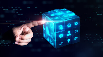 Business tech cube futuristic technology concept, modern 3D render cube model, businessman finger pointing block of internet communication information data innovation technology, blue background