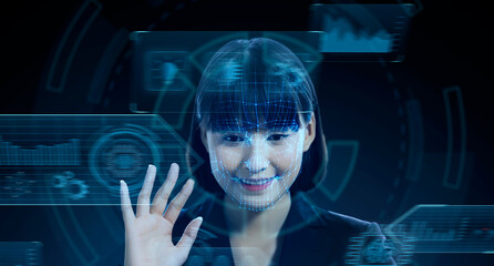 Futuristic face id detection recognition technology, security access and individual personal concept. Asian businesswoman getting face scanned for granted access and identification.