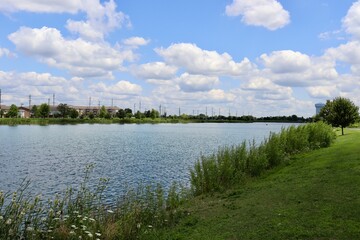 The peaceful lake in the country on a sunny day.
