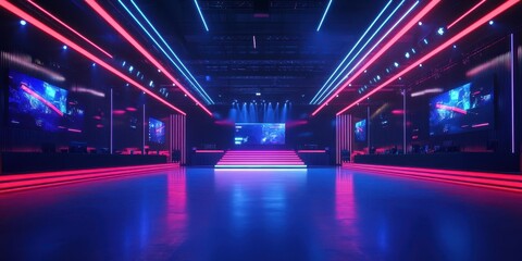 Fototapeta premium Vibrant concert hall with neon lights and a sleek design, perfect for events, parties, or music shows.
