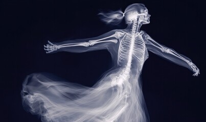 Naklejka premium Dancing Skeleton with Flowing Dress on Dark Background