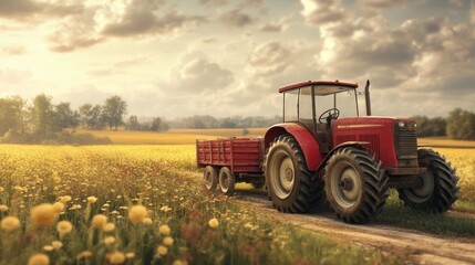 Naklejka premium Farm machinery components like tractors, trailers, and threshers, all designed to enhance farm efficiency and crop yield.