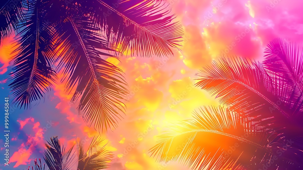 Wall mural palm leaves against sunset dramatic sky of bright yellow pink and purple colors and tropical palm tr