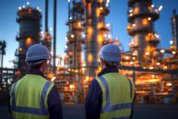 Fototapeta premium Refinery industry engineer are working and discussing at front oil and gas industrial factory,Oil refinery plant for industry.