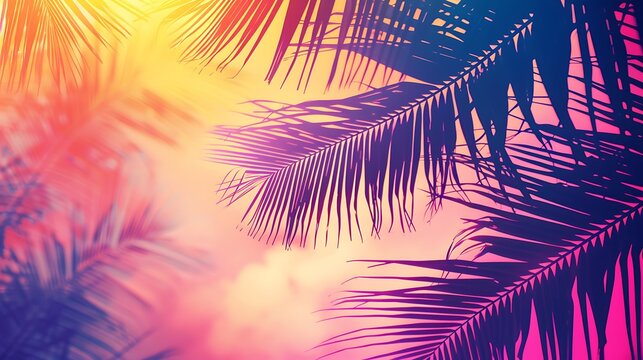 Palm leaves against sunset dramatic sky of bright yellow pink and purple colors and tropical palm trees vintage style low angle view summer background concept - Powered by Adobe