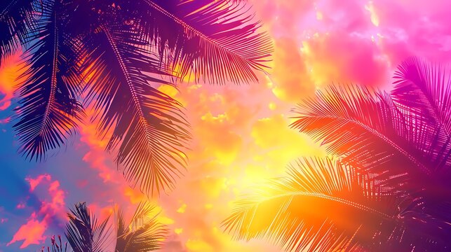 Palm leaves against sunset dramatic sky of bright yellow pink and purple colors and tropical palm trees vintage style low angle view summer background concept