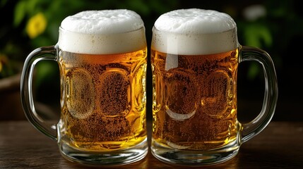 Two chilled mugs of beer glisten with foam, inviting a refreshing sip outdoors