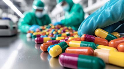 Pharmaceutical supply chain in action, workers in protective gear sorting colorful pill capsules in a clean, futuristic warehouse
