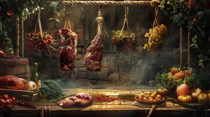 Rustic Meat Display with Fresh Produce and Grapes
