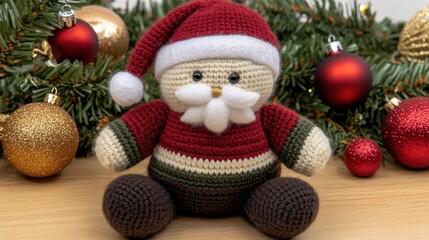 Adorable Christmas teddy bear in a festive knitted sweater surrounded by decorations on a white shelf