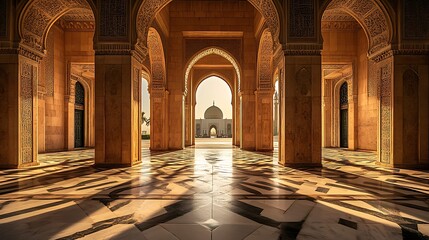Obraz premium An epic shot of the grand entrance to an Arabian mosque. The door is open, and light shines through it onto the intricate patterns in the stone floor.